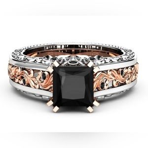 Black Stone Sterling Silver Rose Filagree Engagement Wedding Ring Size 7